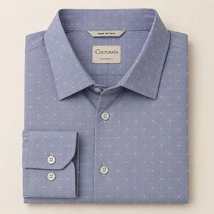 Culturata Button Front Dress Shirt Men's 17.5" XL Blue Pink Swiss Dot Preppy